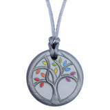 Munchables Tree of Life Chew Necklace is all silver except for red, orange, yellow, green, blue and purple leaves. It is strung on a gray cord with breakaway clasp.
