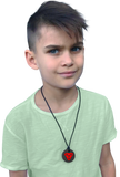 Teen boy wearing red Celtic chew necklace