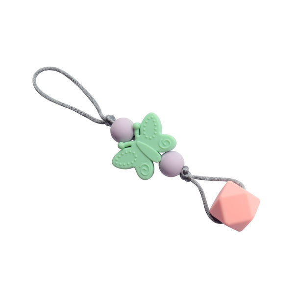 Munchables chewy zipper pull with mint butterfly, 2 small purple beads and large pale pink hexagon silicone bead.