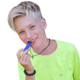 Boy wears navy blue LEGO Brick sensory jewelry.