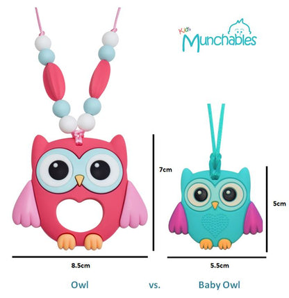 Munchables Owl and Baby Owl Chew Necklace picture showing size differences. Owl chews are 7cm high and baby owl chews are 5cm high.