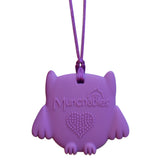 Munchables Baby Owl Sensory Chew Necklace reverse side showing textured nubs for additional sensory interest. Purple.