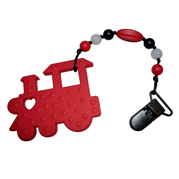Munchables red train hand held chew toy with chewable beads on lanyard. Features a clip to attach to clothing.