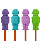 Munchables robot chewable pencil toppers in green, aqua, dark purple and light purple.